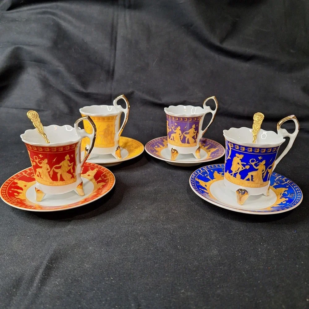 1940s Duca Di Bavaria Espresso Cup Saucer Set 4 Colors Greek Mythology Gold Trim